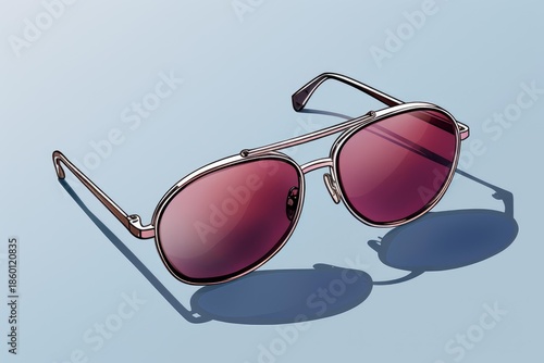 Aviator sunglasses with pink lenses casting a shadow on a light blue background, representing fashion and summer