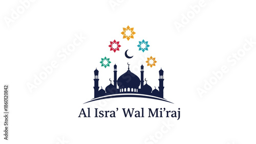 Al Isra Wal Miraj Islamic Mosque Celebration with Stars and Moon.