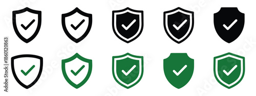 Set of Security Shield Icons featuring shield logotypes with check mark and padlock, isolated on transparent, safety protection sign, secure design, and vector illustration.
