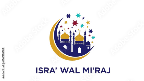Isra Wal Miraj Celebration Design with Mosque and Crescent Moon.
