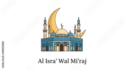 Islamic Mosque with Crescent Moon and Stars Symbolizing Al Isra Wal Miraj.