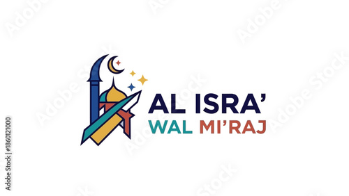 Al Isra wal Miraj Islamic event logo design with mosque and crescent moon.