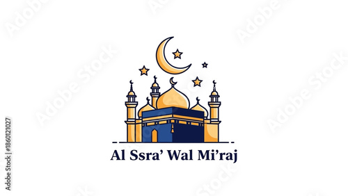 Al Isra Wal Miraj Islamic holiday celebration with mosque illustration.