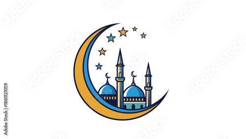 Vibrant illustration of a mosque nestled within a crescent moon and stars.