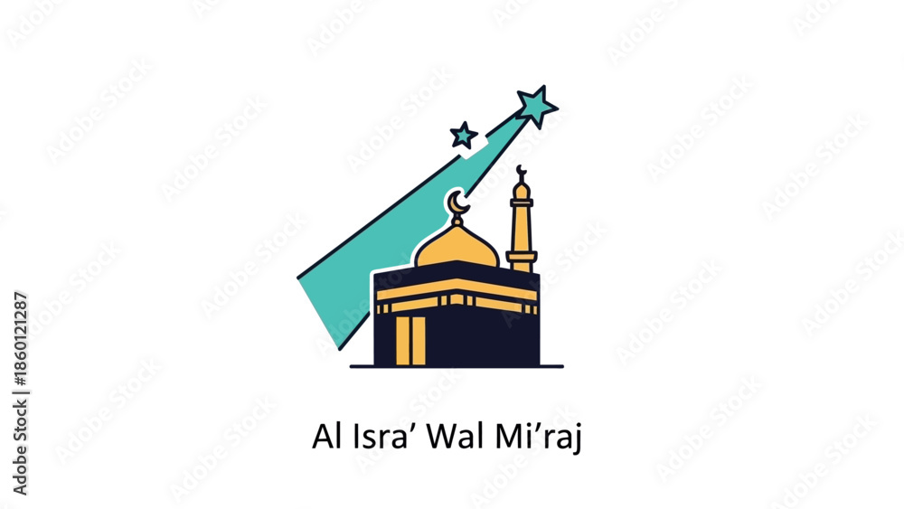 Naklejka premium Al Isra Wal Miraj Kaaba Mosque with Star and Light Trail.