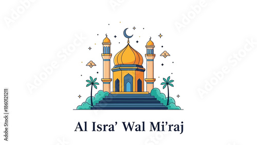 Al Isra Wal Miraj Illustration with Mosque and Crescent Moon.