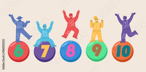 Happy boy and girl standing on number. Colorful vector illustration