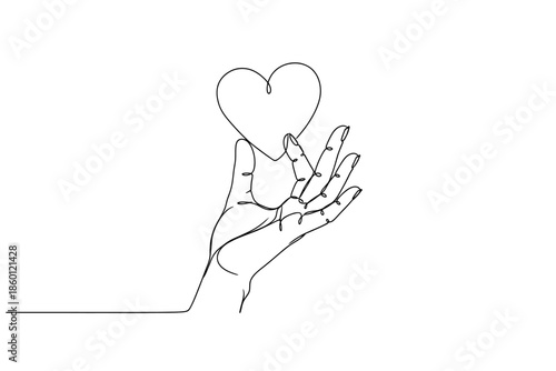 Continuous Line Art of a Hand Holding a Heart
