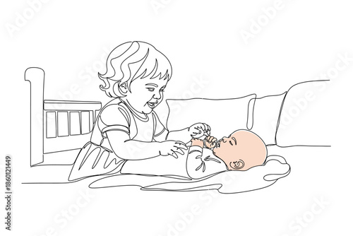 Continuous Line Art of Older Sibling and Newborn Baby Interaction, Showing Love and Care