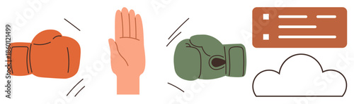 Boxing gloves, raised hand symbolizing a stop gesture, dialogue box, and a cloud element. Ideal for themes thumbs up conflict resolution, negotiation, teamwork, agreement, peace communication