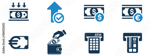 money, finance, transaction, payment, cash, currency, banking, icon, set, collection, deposit, withdrawal, credit card, atm, euro, dollar, wallet, hand, person, business, exchange, transfer, electroni