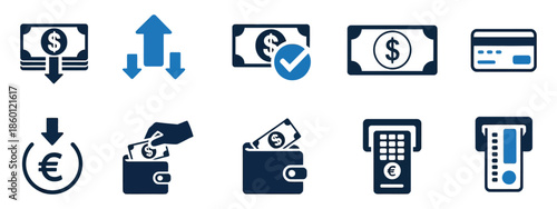money, finance, transaction, payment, cash, currency, banking, icon, set, collection, deposit, withdrawal, credit card, atm, euro, dollar, wallet, hand, person, business, exchange, transfer, electroni