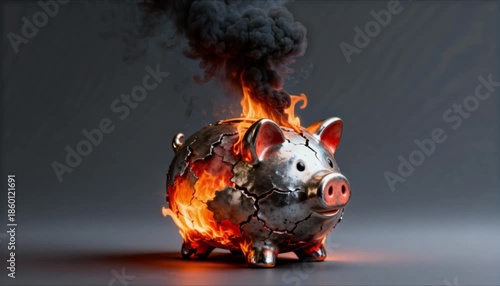 flaming piggy bank representing financial crisis debt and investment downfall perfect for financial wellness month