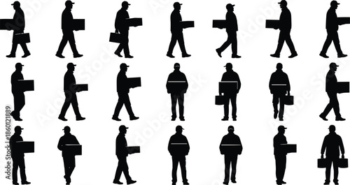 Delivery worker silhouette collection showing couriers carrying boxes and packages while walking, logistics service concept isolated black vector illustration set
