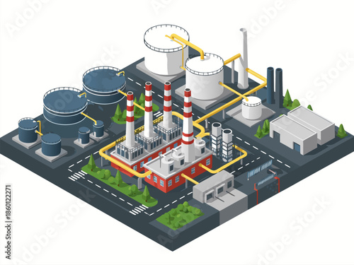 Isometric vector illustration of an industrial oil refinery and storage facility, complex structure