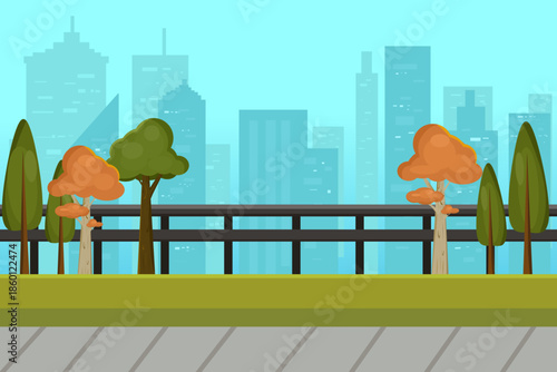 Illustration of a quiet cityscape with green trees and grasslands with silhouettes of skyscrapers 