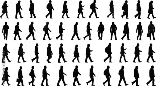 Walking people silhouette collection featuring urban pedestrians men and women in motion isolated black vector illustration set design style