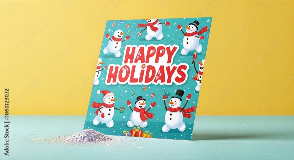 Obraz premium Happy Holidays greeting card mockup featuring joyful dancing snowmen and festive glitter on a table.