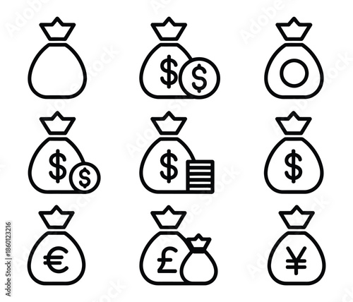 Money Bag Line Icon Set showing finance, wealth, and savings symbols, cash sack with dollar, euro, pound, yen signs, bank profit, investment, payment pictograms, and vector illustration.