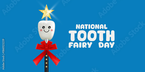 National Tooth Fairy Day. Tooth and more. Great for cards, banners, posters, social media and more. Blue background.  