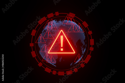 Warning sign displayed on a digital globe emphasizing global risks and issues in cybersecurity and data protection