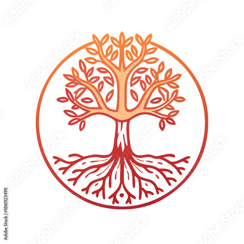 Graceful line art illustration of a vibrant tree with deep roots perfectly enclosed in a circle, symbolizing life, growth, environmental balance, and lasting strength Enclosed Ecosystem

