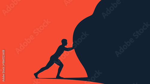 Overcoming adversity A strong silhouette pushes a massive boulder uphill, symbolizing perseverance, challenge, and the journey toward success
