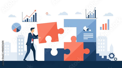 Strategic business solution development process with a professional connecting puzzle pieces for successful collaboration and achieving corporate goals