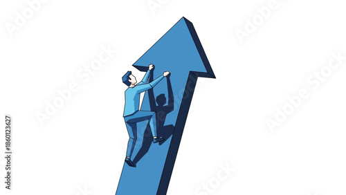 Determined businessman climbing a large upward-pointing blue arrow, illustrating the concept of career progression, ambition, and the journey towards professional success and achieving goals