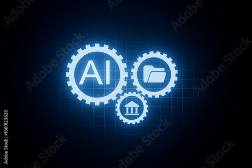 Visual representation of artificial intelligence and data management concepts using gears and icons