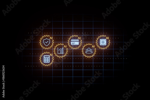 Different gear icons show various applications of AI technology in a digital interface with grid background