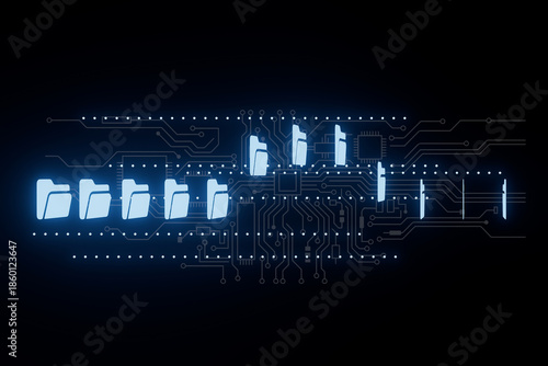Patterns of digital data flow with computer folders and circuit lines at night