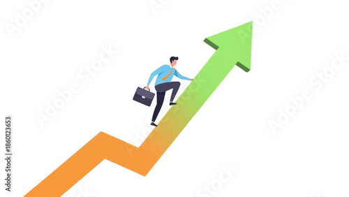 Business man climbing up a financial graph showing upward growth and success