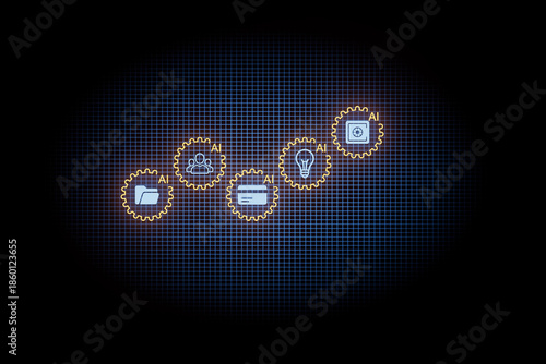 Digital interface showing process steps for artificial intelligence applications in various sectors