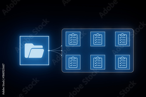Digital folder links to multiple checklists on a dark background for organization and task management