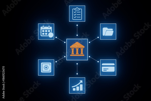 Technological connections between financial institutions and different services in a digital setup with icons