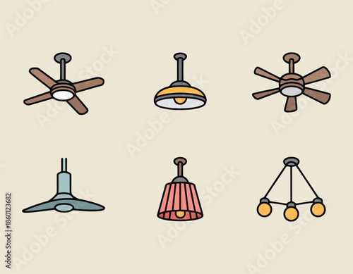 Collection of various ceiling lights and fans in a flat design style