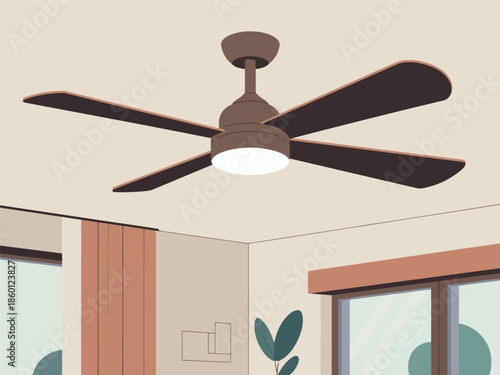 Brown ceiling fan with light in a room with windows and plants indoors