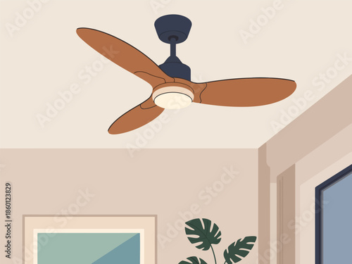 Illustration of a ceiling fan with three blades in a modern living room