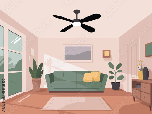 Bright and cozy living room interior with green sofa and ceiling fan