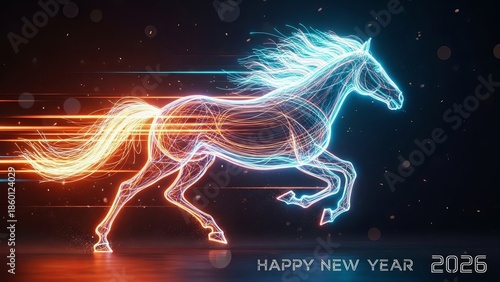 Neon Digital Horse Running with Happy New Year 2026 Text