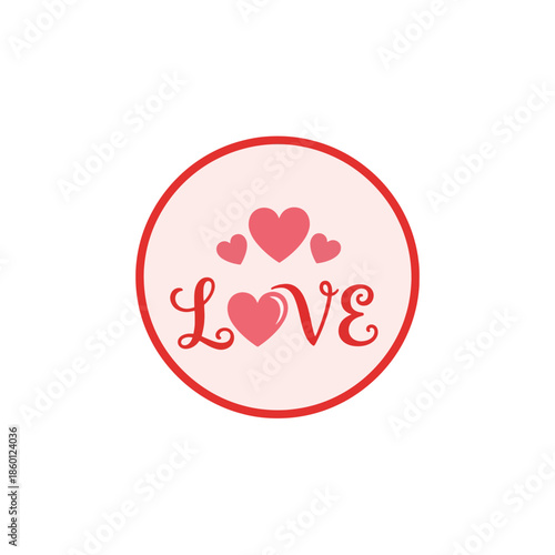 Decorative graphic design featuring the word LOVE with hearts, enclosed in a pink circle with a red border, symbolizing romance and affection.
