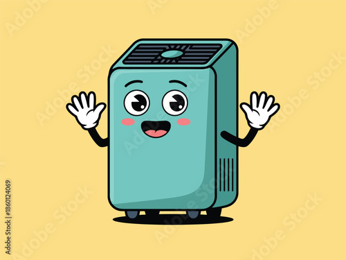Cute air purifier cartoon character waving hand on yellow background