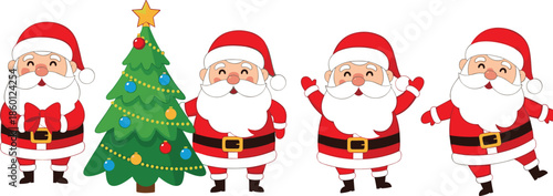 Cute Cartoon Santa Claus Character Set and Decorated Christmas Tree Illustrations for Holiday Greeting Cards Seasonal Decorations and Festive Vector Design