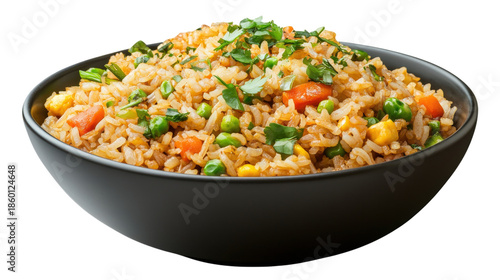 A bowl of rice with vegetables and peas, isolated on a transparent background
