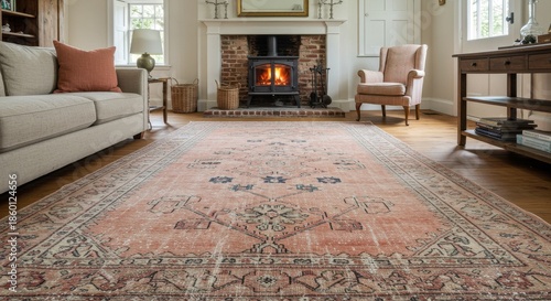 Cozy Living Room with Vintage Rug and Fireplace