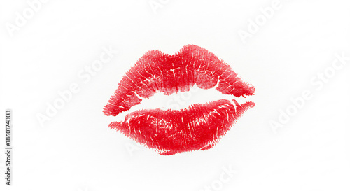 Vibrant red lipstick kiss impression boldly stands out on a pure white surface creating a striking visual impact. AI Generated