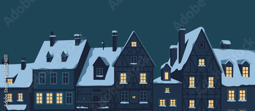 Cozy Winter Village Scene with Snow-Covered Houses and Lit Windows