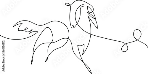 Continuous one line drawing. Horse logo. A continuous line drawing of a majestic horse in an elegant minimalist style. This image features a graceful horse rendered in a sophisticated one-line art sty