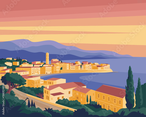 Vibrant coastal town panorama at sunset with a bay and distant mountains illustration